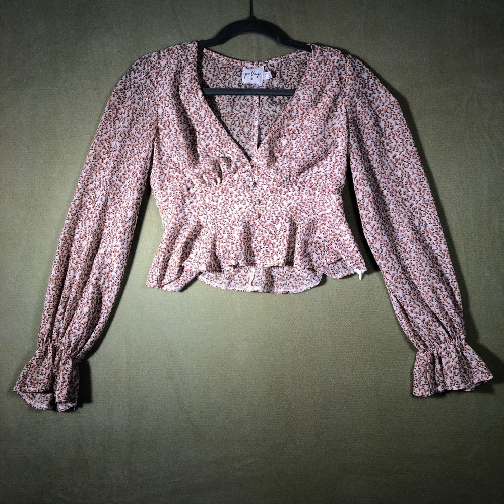 Polly Peplum Blouse Womens Size 2 Peach Floral Long Sleeve V-Neck Ruffle Top